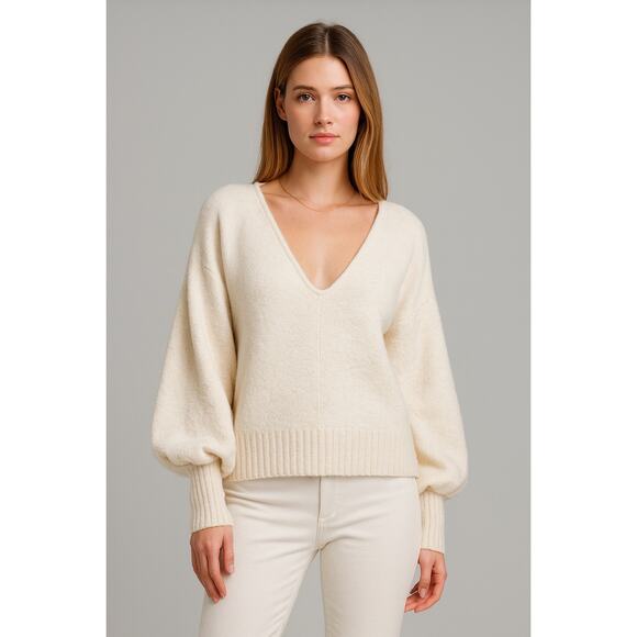 Free People Vanilla Textured V-Neck Sweater Pullover Balloon Sleeves Medium - Picture 1 of 6